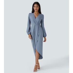 Halara Rain Washed V-Neck Long Sleeve Tulip Hem Midi Party Dress NWT L Gorgeous